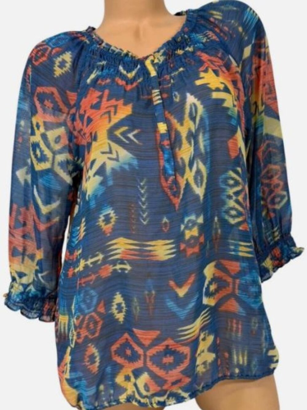 Chicos Blue Ikat Tribal Smocked Peasant Blouse Sheer 3/4 Sleeve Size 1 Medium